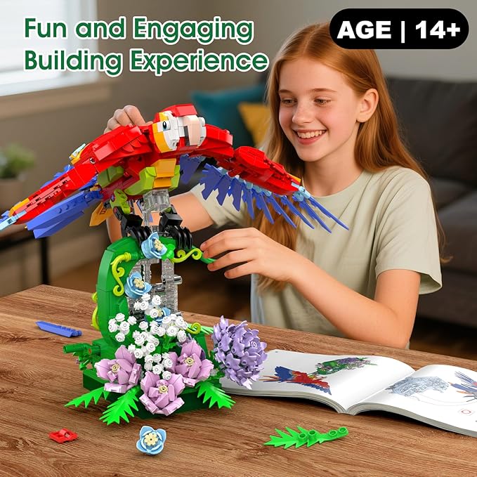 Parrot Building Sets Easter Rotating Flower Base 1176 PCS Mechanical Flapping Bird Model Creative Display Gift Christmas Birthday Ages 14+