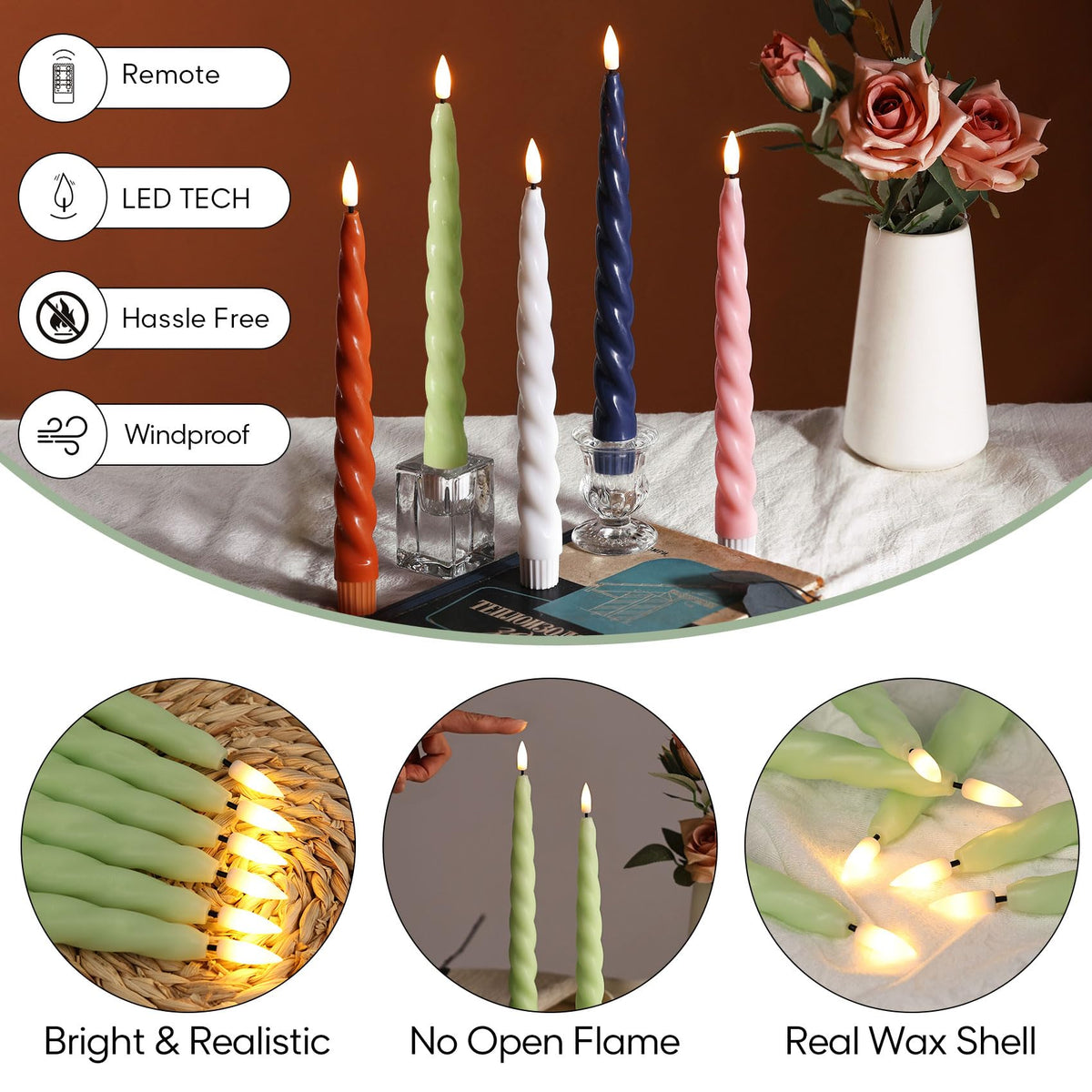 Girimax Spiral Green Flameless Taper Candles with Remote, Flickering Battery Operated LED Wax Candlesticks Spring Summer Home Decor Set of 6
