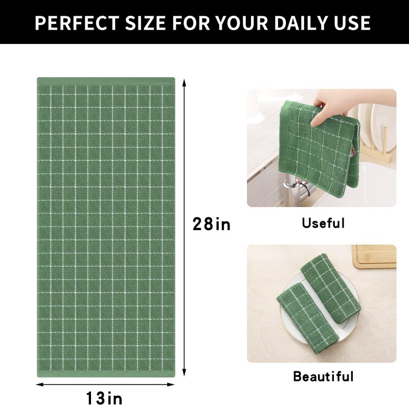 Homaxy 100% Cotton Terry Kitchen Towels(Grass Green, 13 x 28 inches), Checkered Designed, Soft and Super Absorbent Dish Towels, 12 Pack