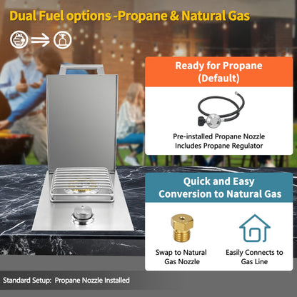 Built-in Single Grilling Side Burner for Outdoor Grill, Heavy-Duty 304 Stainless Steel, Drop-in Side Burner With Cover, 15,000BTU Propane & Natural Gas, Single Side Burner for Family Patio Parties