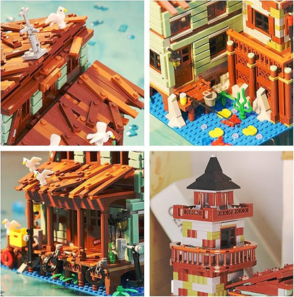 1881PCS Fishing Village Wood Cabin mini Building Blocks Toys with Led LightingCreative Ideals Fishing House Building Sets Best Choice for 6+ Boys Girls or Adults(Not Compatible with Lego)