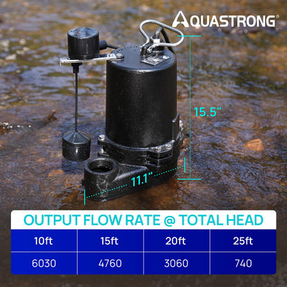 Aquastrong Cast Iron Sewage Pump 1/2HP Effluent Pump 220V 6030 GPH Sump Pump with Vertical Float Switch, Ideal for Basement Sump Pits, Industrial Wastewater - Commercial-Grade Sewage System