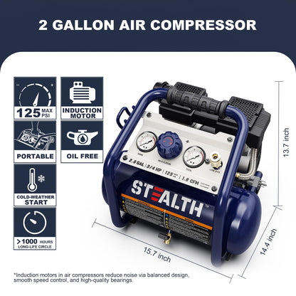Stealth Air Compressor 2 Gallon, 3/4 HP Oil-Free Compressor, Less than 60dB Ultra Quiet Electric Air Compressor,Max 125 PSI Pressure for Tire Inflation,Nailing,Home DIY Project(SAQ-1234)