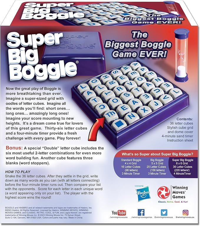 Winning Moves Super Big Boggle with 6x6 Grid and 36 Letter Cubes Games USA The Biggest Boggle Game Ever 4 Minute Sand Timer for 2 or More Players Ages 8+ (1165)