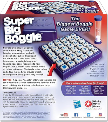 Winning Moves Super Big Boggle with 6x6 Grid and 36 Letter Cubes Games USA The Biggest Boggle Game Ever 4 Minute Sand Timer for 2 or More Players Ages 8+ (1165)