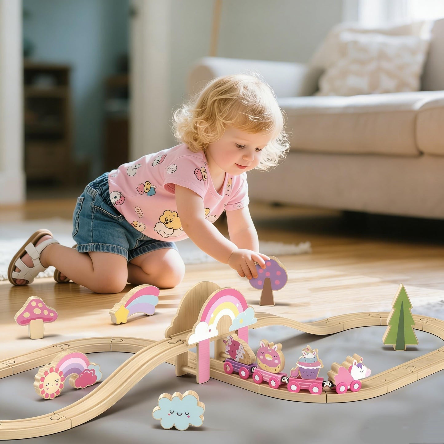 Lehoo Castle Wooden Train Set - Unicorn Train Set for Toddlers 2-4, Wooden Train Track Toddler Girl Toys, Pink Train Fantasy Toys for 3 4 5 6 7 Year Old Girl