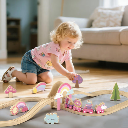 Lehoo Castle Wooden Train Set - Unicorn Train Set for Toddlers 2-4, Wooden Train Track Toddler Girl Toys, Pink Train Fantasy Toys for 3 4 5 6 7 Year Old Girl