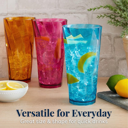 US Acrylic Optix Plastic Reusable Drinking Glasses (Set of 8) 26oz Iced-Tea Cups in Jewel Tone Colors | BPA-Free Tumblers, Made in USA | Top-Rack Dishwasher Safe