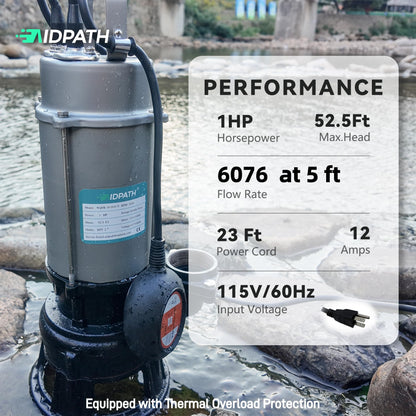 AIDPATH 1HP Submersible Sewage Grinder Pump, Stainless Steel Housing, 2" NPT Discharge - For 30"+ Deep Sewage Basins, Septic Tanks, 52.5ft Head 6076GPH Max Flow, 115V