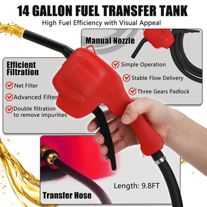 14 Gallon Portable Fuel Caddy with Wheels, Gasoline & Diesel Storage Tank, Heavy-Duty Fuel Transfer Tank with 10FT Rubber Hose, Manual Siphon Pump, Dual Shut-Off Valves, Gas Can for Cars, ATV, Boat, Lawn Equipment
