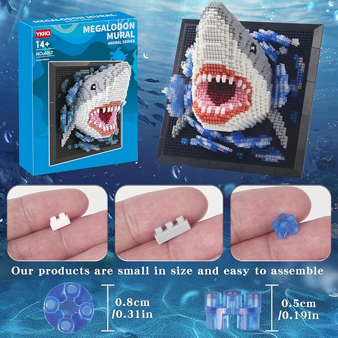 1800PCS Animal Shark 3D Wall Art Micro Mini Building Blocks Set not Compatible with Lego SizeUnique Home or Table Decor Painting with Specialized TweezersPresent DIY Shark Toy for 14+