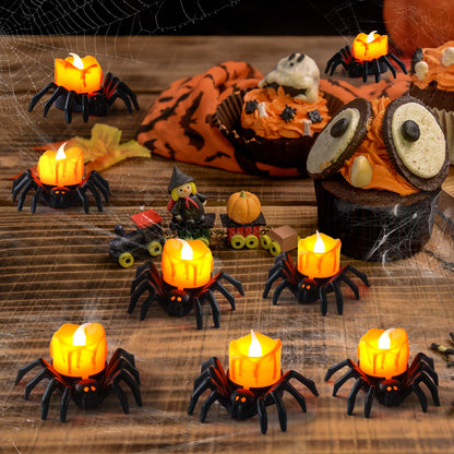 Liomus 12 Packs Halloween Spider Lights,Bright Novelty LED Flameless Spider Candle Tea Lights,Battery Operated Orange Halloween Decor Lights for Halloween Holiday Party Home Spooky Decor