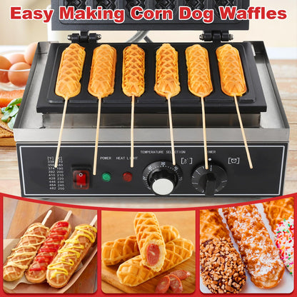 Hiteemer Corn Dog Maker - 1550W Commercial Waffle Stick Maker 6Pcs Non-stick Stainless Steel Corndog Maker Machine 572 ℉ Temperature and Timer for Restaurant Bakery Snack Hotel