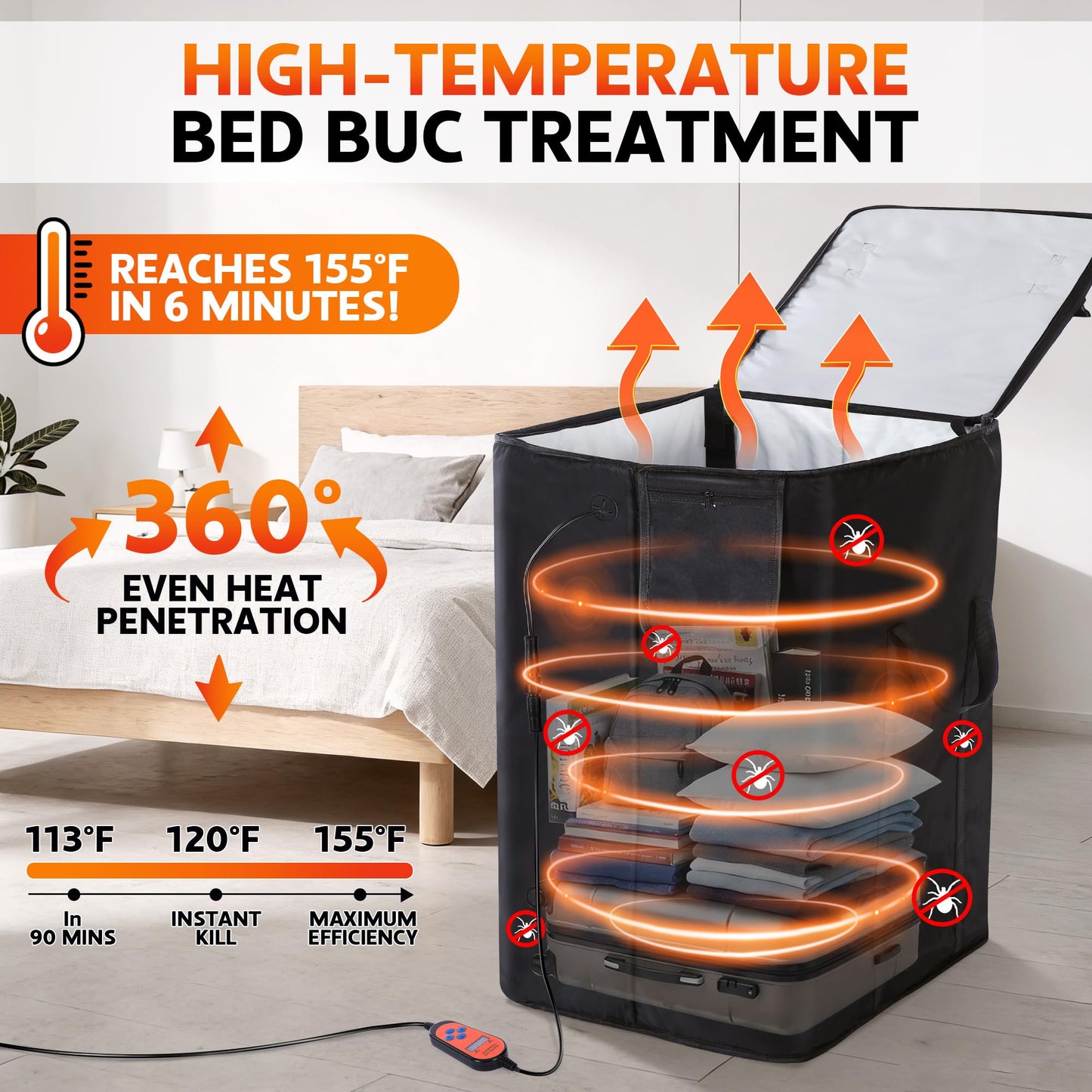 Bed Bug Heater, 360° High Temperature Portable Bed Bug Eliminator Equipment with Digital Timer & Temperature Control, Fast Heating to 155°F for Moths, Carpet Beetles and Lice(Black)