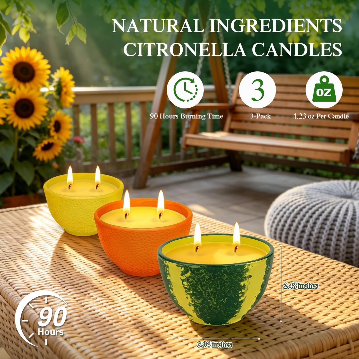 Citronella Candles Outdoor, Natural Soy Wax Candles for Patio, 3 Packs 90 Hours Long Burning Citronella Scented Candle Set for Home, Garden, Yard, Outdoor, Camping, Party, Indoor, 4.23oz Each, 2-Wick