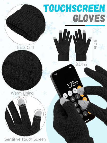 LOROME Winter Beanie Hat Scarf Gloves, Warm Fleece Knit Winter Hats Touch Screen Gloves Neck Scarf Set Winter Gifts for Women Men