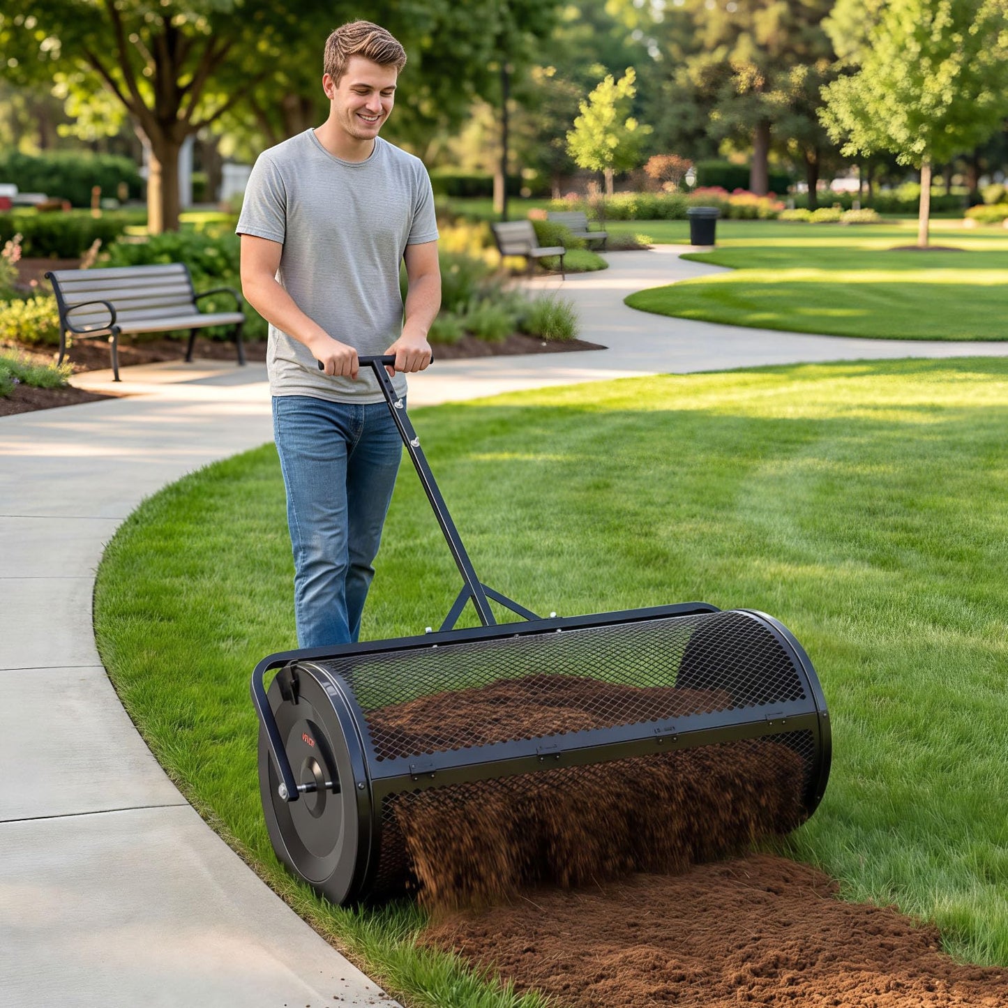 VEVOR Compost Spreader, 44" Wide Peat Moss Spreader with Push/Tow Handle, 4 Heights Adjustable, Powder-Coated Steel Garden Peat Moss Roller, Heavy Duty Grass Seed R