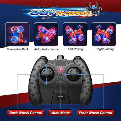 Remote Control Car RC Cars ToysCool Rechargeable Stunt RC Car with 360 Flips 4WD Wheel With Bright lightFun Outdoor Toys Gifts for Kids Birthday or Chritmas 4-6 6-8 8-12 Years Old (Blue-Red)