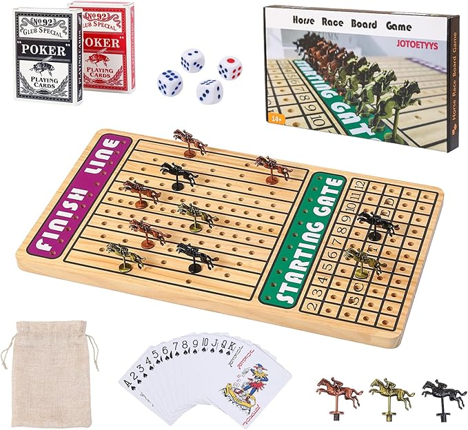21 in Horse Race Board Game Racing Game Thickened Solid Wood with 11 Metal Horses 2 Cards &amp 4 Dice Horse Racing Game for 2-6 Players
