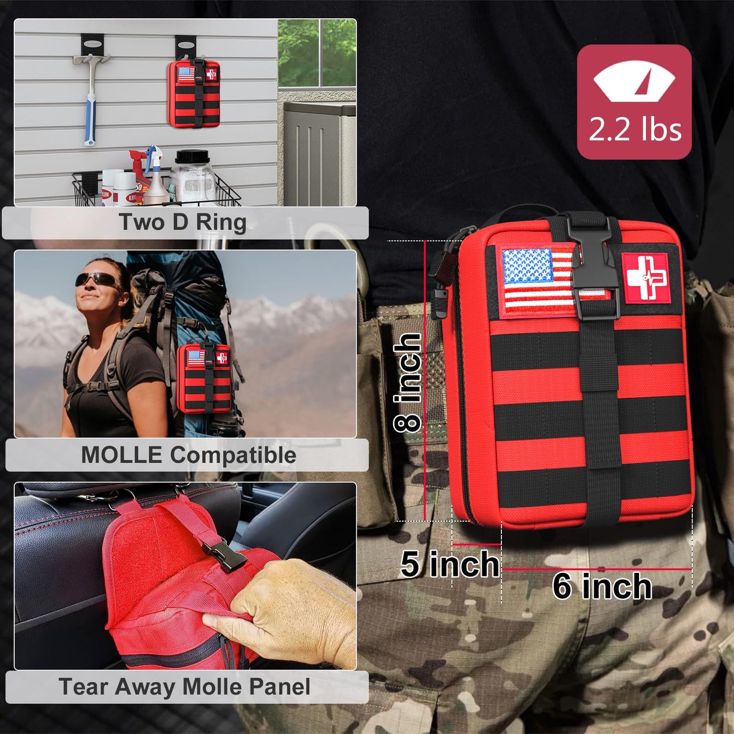 First Aid Kit,Survival Gear Outdoor Tactical Gear Set Military Grade Molle System for Camper Travel Hunting Hiking and Adventures（RED）