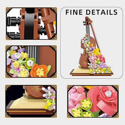 Mini Violin Building Blocks Sets Flower - 950+PCS Musical Instrument Micro Building Bricks Kit Floral - Creative Ideals Collectible Architecture Decoration Birthday Gift(Violin Flower)