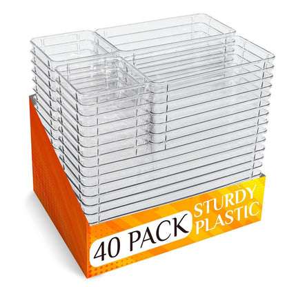 Beezort 40 PCS Clear Drawer Organizer Set, BPA-Free PET Plastic Trays with Non-Slip Pads, Nesting Storage Organizers for Kitchen Drawer, Bathroom, Vanity Makeup, Office Desk