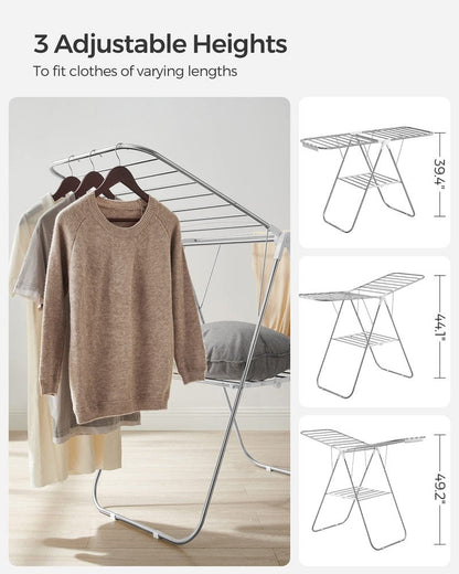 SONGMICS Clothes Drying Rack, with Sock Clips, Metal Laundry Rack, Foldable, Space-Saving, Free-Standing Airer, with 2 Height-Adjustable Gullwings, Indoor Outdoor Use, Silver and White ULLR052W01