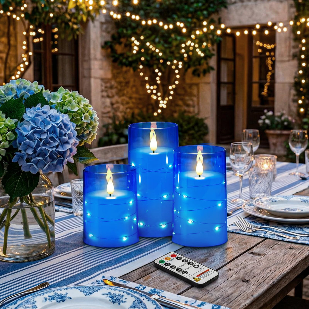 Homemory Flameless Candles with Embedded Star String Fairy Lights, Battery Operated Candles, LED Candle, Fake Candles with Remote Control and Timer, Blue, Set of 3(H 4" 5" 6”)