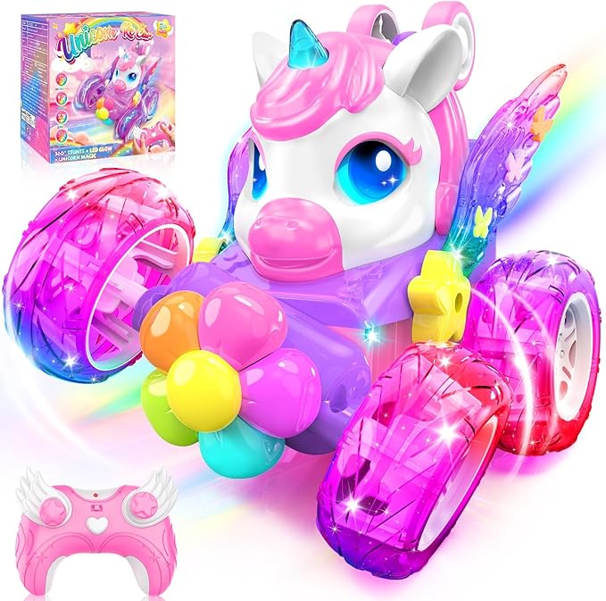 Unicorn RC Cars for Girl Toys with Glowling Crystal Wings &ampEyes Lights360°Rotation Remote Control Car Unicorn Stunt Car Birthday Gifts Easter Basket Stuffers for 3 4 5 6 7 8 9 10 Year Old Girls
