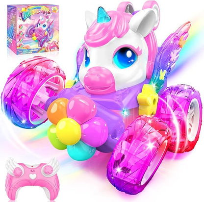 Unicorn RC Cars for Girl Toys with Glowling Crystal Wings &ampEyes Lights360°Rotation Remote Control Car Unicorn Stunt Car Birthday Gifts Easter Basket Stuffers for 3 4 5 6 7 8 9 10 Year Old Girls