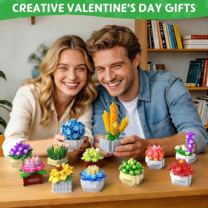 12 Succulents Building Set for Adults &amp Kids 10+ – Botanical Collection Artificial Plants with Pots Easter Birthday for Women Home Office Decor Relaxing DIY Kit(1174 PCS)