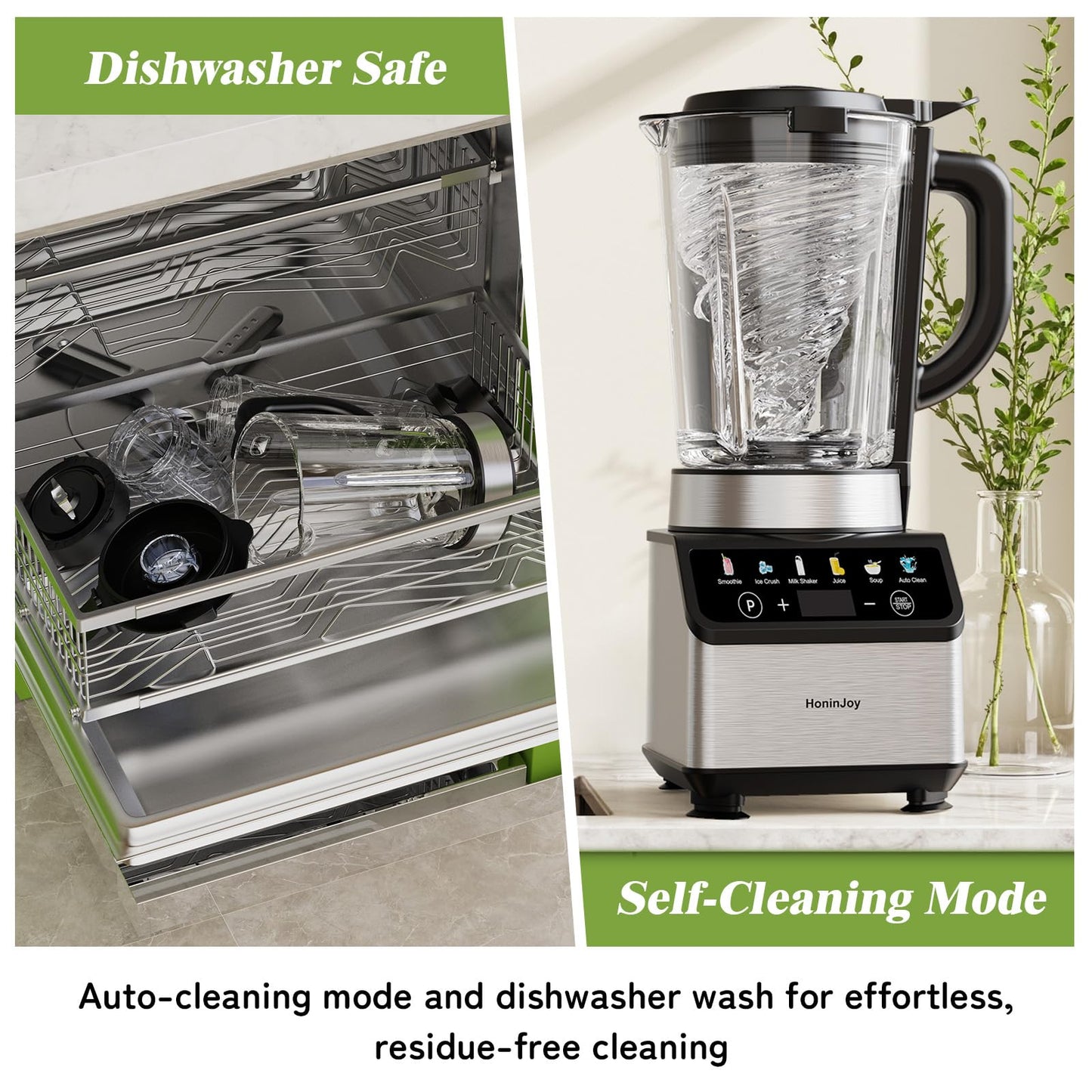 HoninJoy Blenders for Kitchen, Countertop Smoothie Blender with 51oz Glass Pitcher, Grinder & To-Go Cup Combo, 10 Speeds Digital Touchscreen Blender for Smoothies, Shake, Crush Ice, Dishwasher Safe