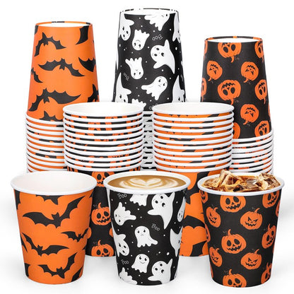Whaline 120Pcs Halloween Paper Cups Pumpkin Ghost Bats Disposable Cups 3 Designs Black Orange Party Cups for Cold Hot Drink Table Decor Supplies, 9 Oz