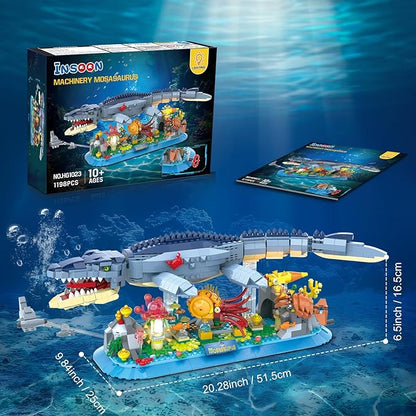 Mosasaurus Building Set with LED Light 1219 PCS Movable Ocean Animal Building Block Toy with Nautiluses Jellyfish Squid Coral Reef Ancient Reptile Home Decor Gift for Adults Teens Boys 12+