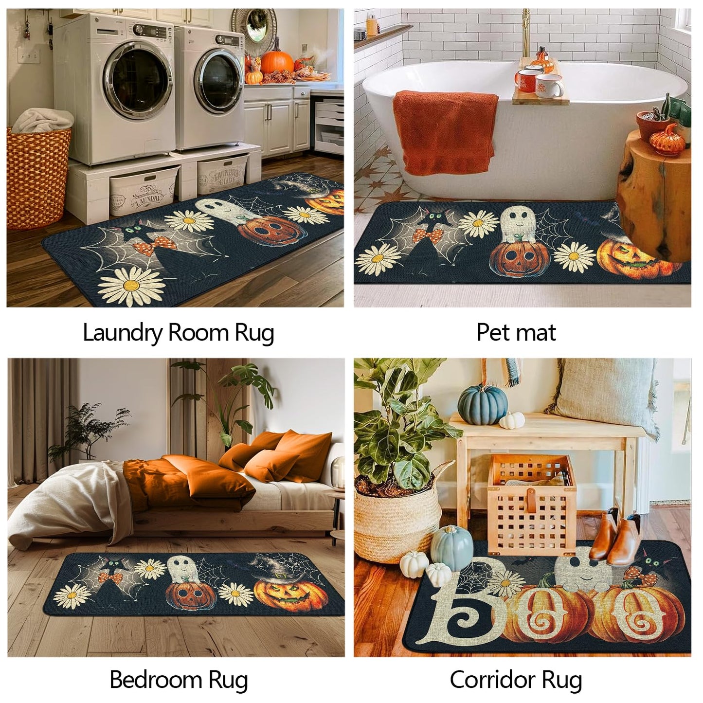 SHIYUE Halloween Kitchen Mat Set of 2, Ghost Pumpkin Boo Kitchen Rugs Farmhouse Modern, Non Skid Rubber Runner Decor Rugs（17x47in+17x30in） Black