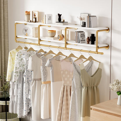 ORSENIGO Industrial Pipe Clothing Rack with Shelves, Gold Wall Mounted Clothes Rack for Home Retail