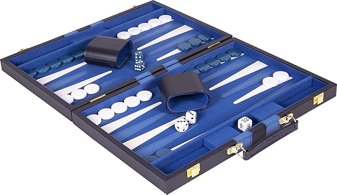 Premium Backgammon 15 Inches Medium Blue - Backgammon Sets for Adults and Kids - Leatherette Back Gammon Board Game Set - Travel Backgammon Set Board Encased with Accessories