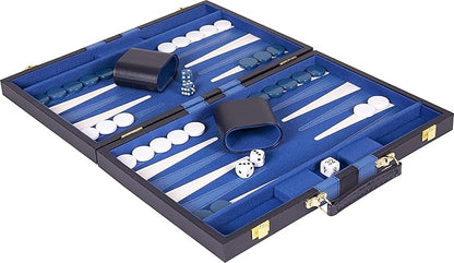 Premium Backgammon 15 Inches Medium Blue - Backgammon Sets for Adults and Kids - Leatherette Back Gammon Board Game Set - Travel Backgammon Set Board Encased with Accessories