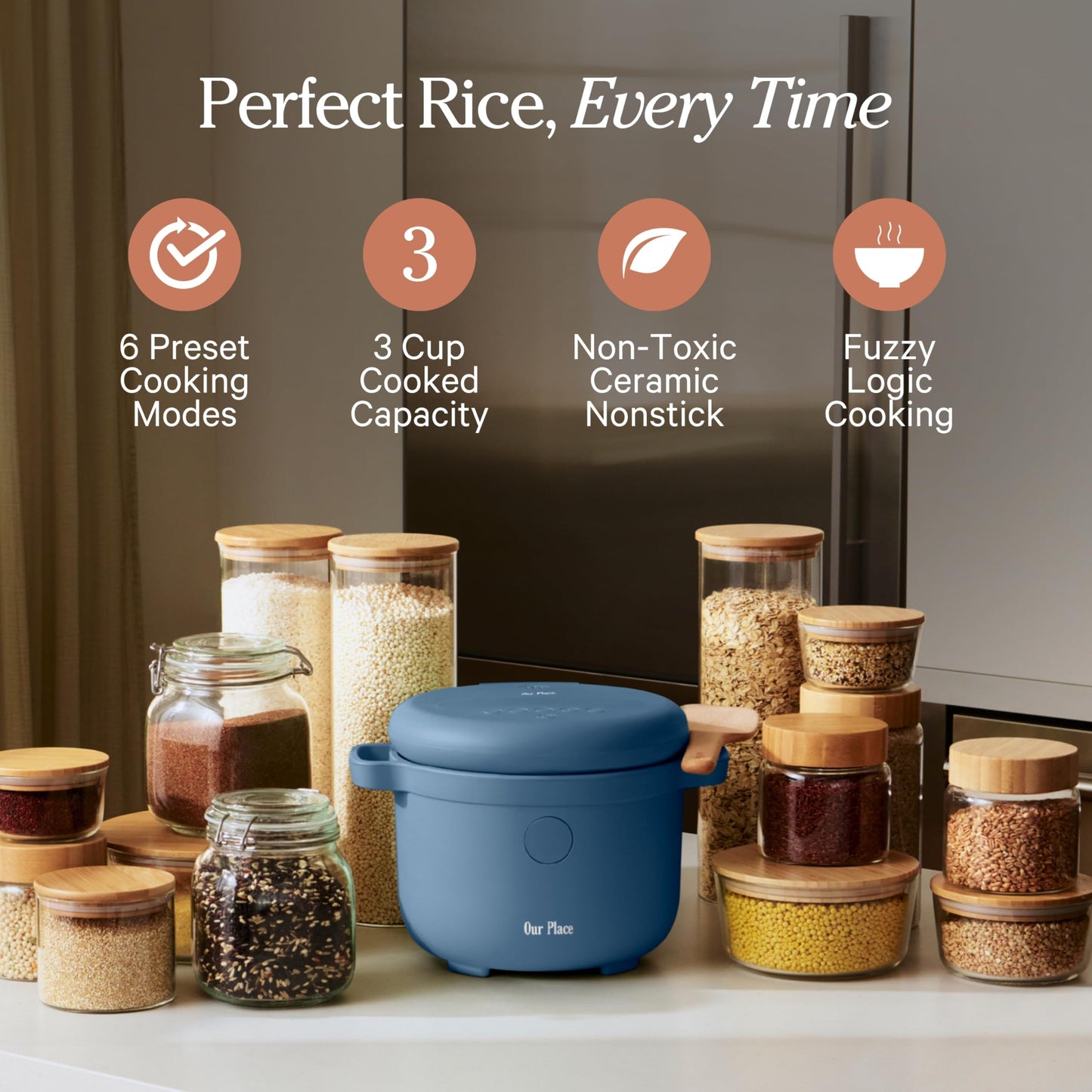 Our Place Rice Cooker | Compact Rice Cooker 3-Cup Uncooked / 6-Cup Cooked with Ceramic Nonstick Inner Pot | Fuzzy Logic Multi-Cooker for White & Brown Rice, Oatmeal & Grains | Delay Timer & Auto Keep Warm | Steam