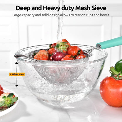 U-Taste Medium Fine Mesh Strainer: 18/8 Stainless Steel 4.73in 30 Mesh Kitchen Food Sieve with Sturdy Riveted Silicone Handle, Heavy Duty Deep Handheld Metal Colander for Rice, Quinoa, Flour(Aqua Sky)