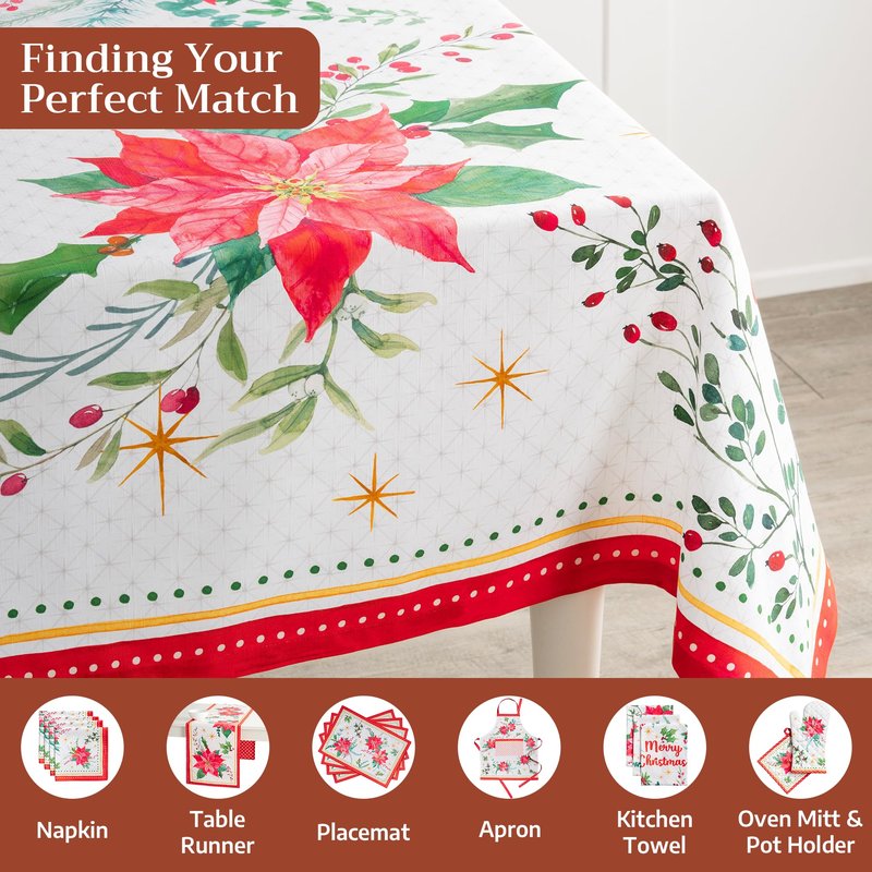 Maison d' Hermine Table Cloth Square Table 100% Cotton 60 x 60 Inches Fall Tablecloth Reusable Everyday Use for Thanksgiving Christmas Decorations Dining Farmhouse Party (Poinsettia Christmas)