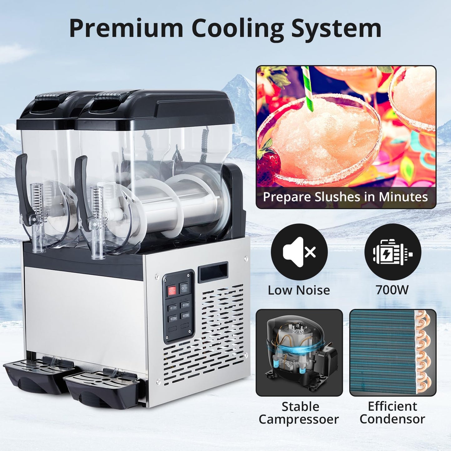 GarveeTech Black 12 L*2 700W Commercial Slushy Machine - Self-Cleaning Stainless Steel Frozen Drink Margarita Ice Cream Maker for Snow Melts, Cocktails - Ideal for Homes, Coffee Shops,and Restaurants