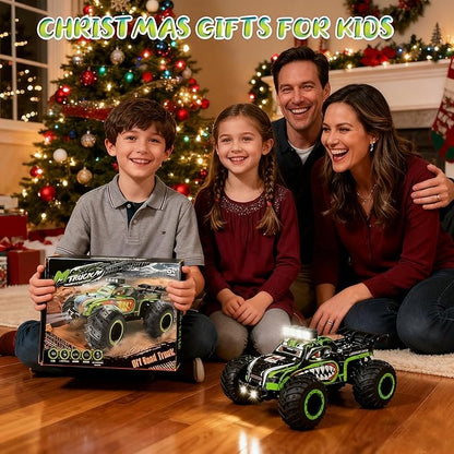 Remote Control Monster Truck for Kids: Off-Road RC Car with Headlights &amp Body Lights 1:18 20 km/h 2WD 2.4 GHz All-Terrain Rechargeable High-Speed - Birthday for Boys Ages 4-12