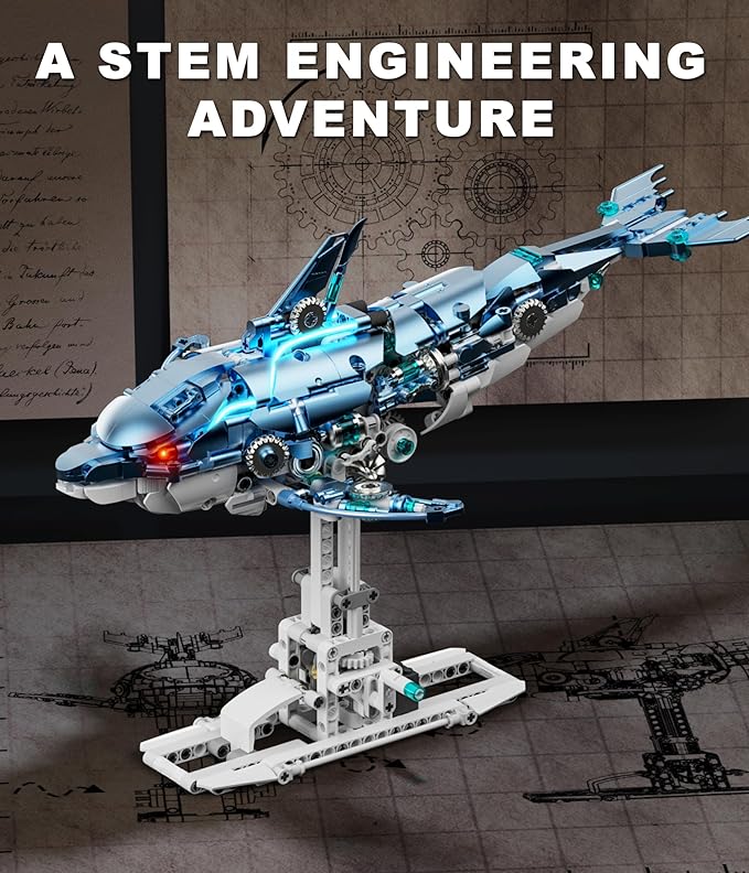 Moving Mechanical Dolphin Building Set - Hand Crank Model Kit with Swimming Tail Movable Jaw &amp Glowing Lights | STEM Educational Toy &amp Unique Desk Decor for Ages 8+ Adults Blue