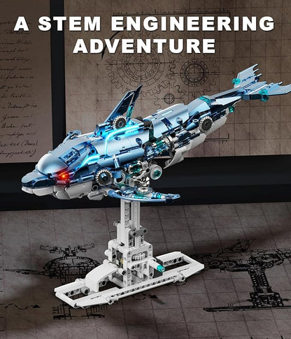 Moving Mechanical Dolphin Building Set - Hand Crank Model Kit with Swimming Tail Movable Jaw &amp Glowing Lights | STEM Educational Toy &amp Unique Desk Decor for Ages 8+ Adults Blue
