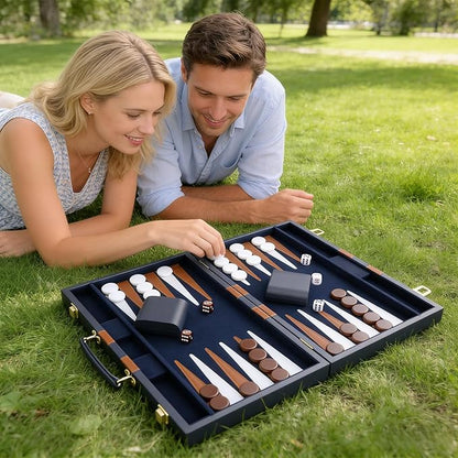 Backgammon Set - Classic Board Game with Premium Leather Case - Portable Travel Strategy Backgammon Game Set for Adults Kids - Suitable as (11inch Navy)