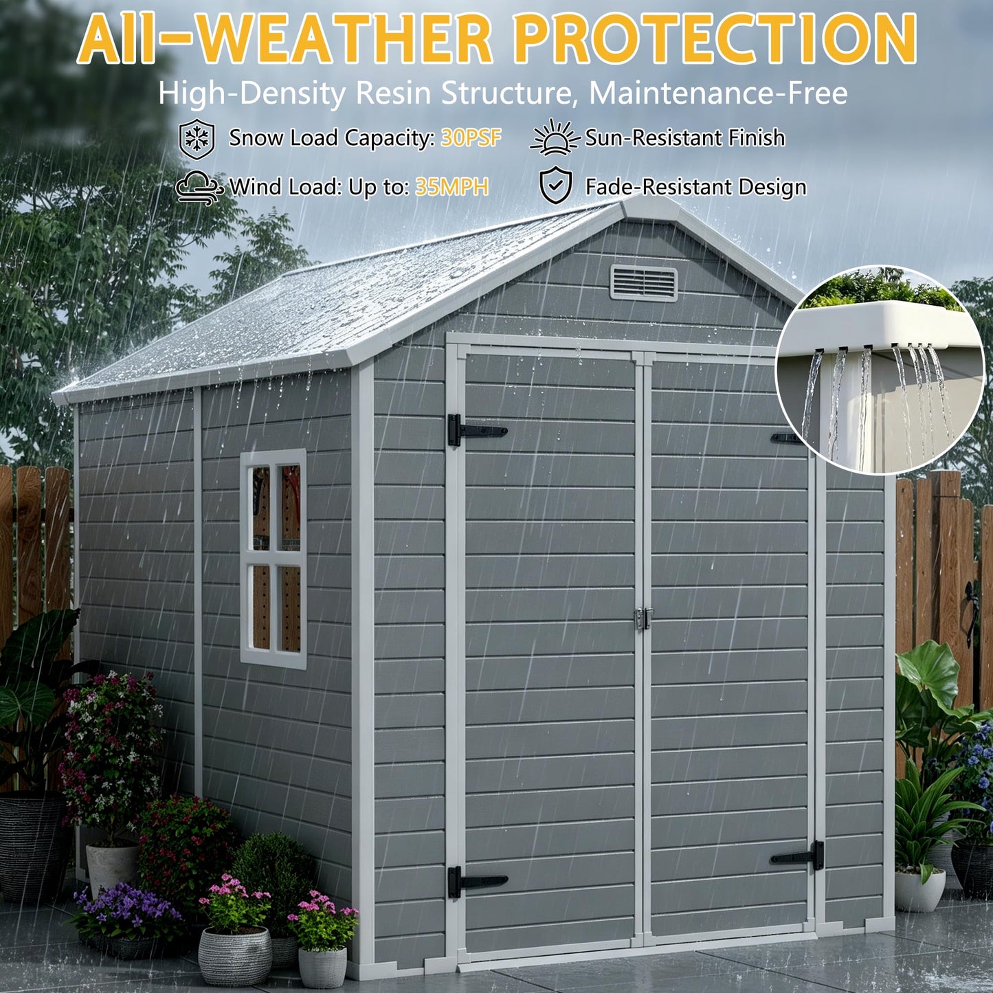 PIPLEO 6x8 FT Resin Outdoor Storage Shed with Floor, Plastic Garden Storage Shed with Lockable Door & Vent, All Weather Versatile Tool Shed for Backyard, Patio, Lawn, Cloud Gray (6x8 FT)