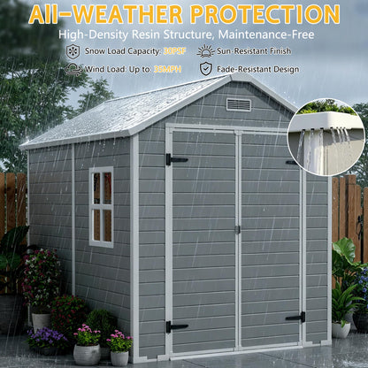 PIPLEO 6x8 FT Resin Outdoor Storage Shed with Floor, Plastic Garden Storage Shed with Lockable Door & Vent, All Weather Versatile Tool Shed for Backyard, Patio, Lawn, Cloud Gray (6x8 FT)