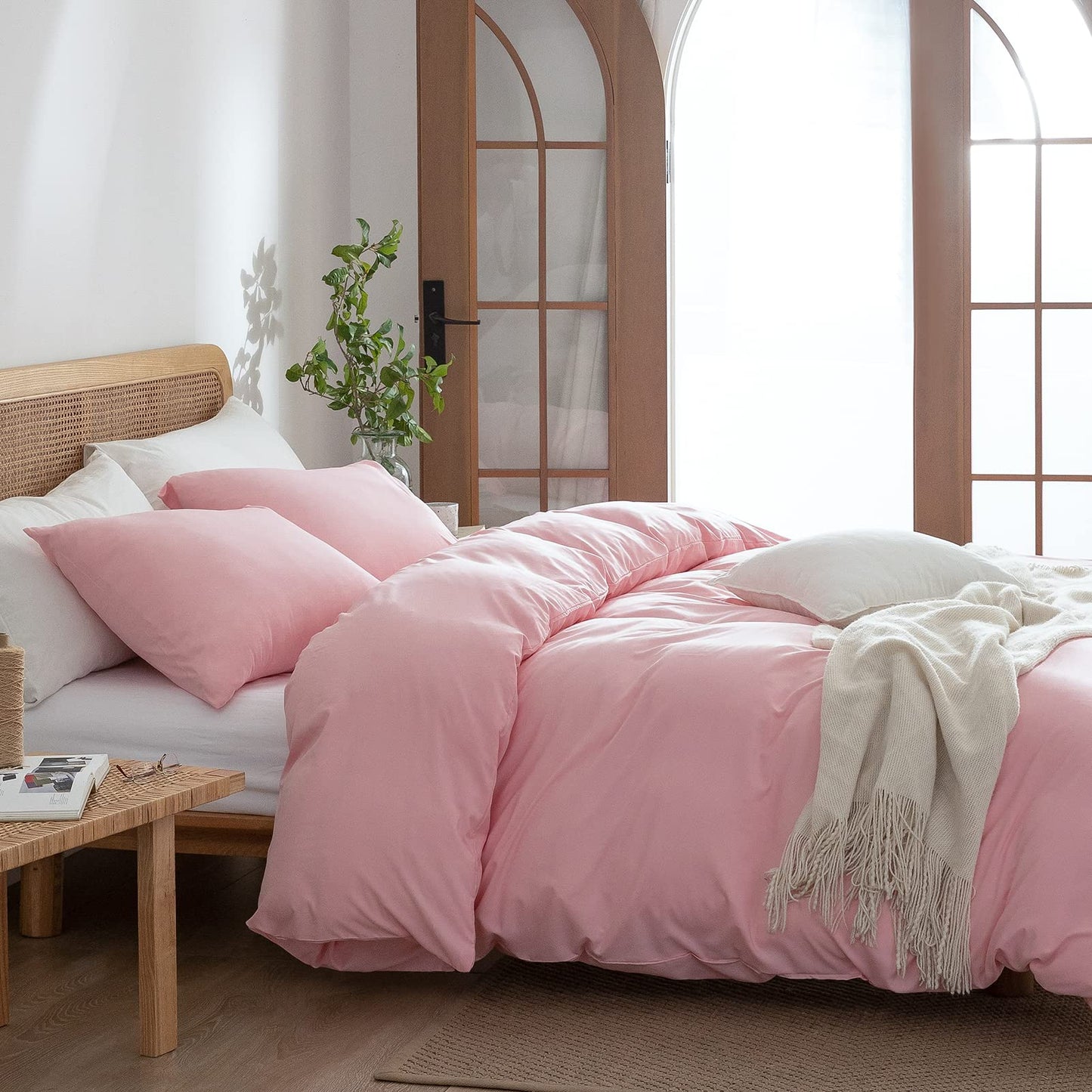 Pink Duvet Cover Twin, 100% Washed Microfiber 3-Piece Solid Color Casual Bedding Set for Boys & Girls, Zipper Closure, Luxury Ultra Soft Comfort (Twin)