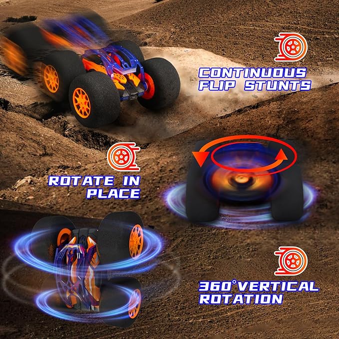 Indoor RC Car Stunt Remote Control Car Toys with Soft Wheels RC Cars for Kids Indoor Outdoor with LED headlight &amp Crazy Stunts 360° Flips Double Sided Vehicle 2.4GHz Remote Control for Boys Girls